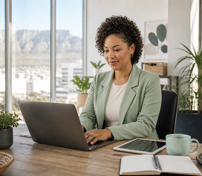 South African Coloured business owner working from a bright Cape Town office