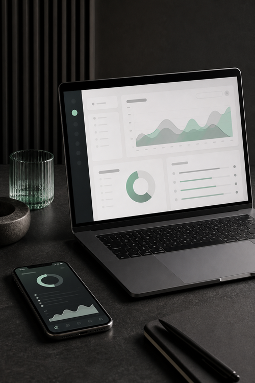 Web and mobile business applications displayed on laptop and phone
