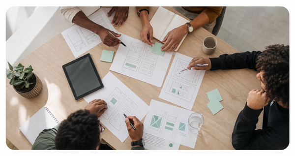 A product team collaborating on web and mobile wireframes