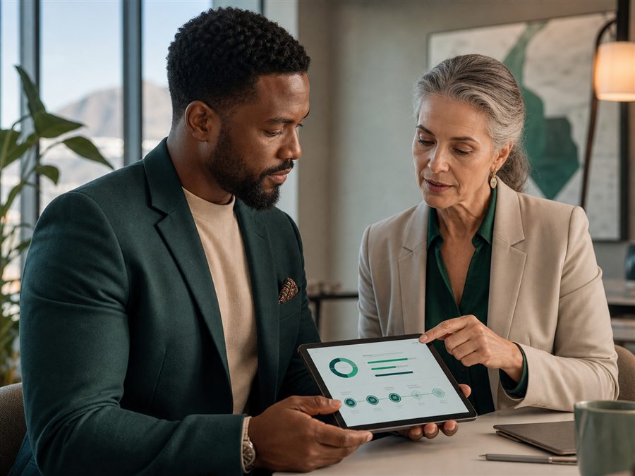 Business founder and strategist reviewing a digital product roadmap