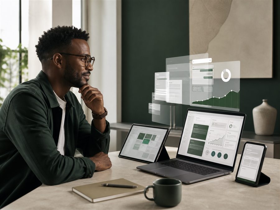 Founder reviewing a scalable product across laptop, tablet and mobile